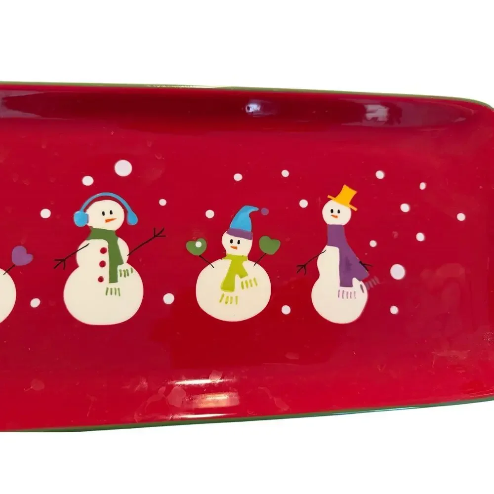 Pier 1 ceramic Christmas tray platter red festive holiday snowmen 18.5 x 7